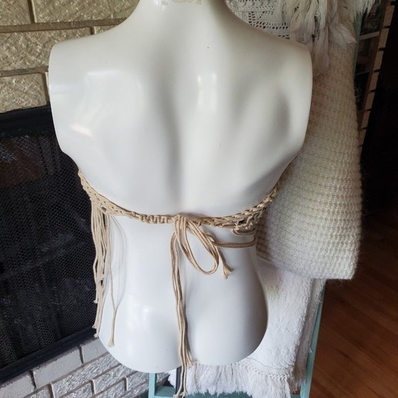 Vintage handmade Fishnet Beachy Boho Fringe cover up skirt or Top - Picture 5 of 6